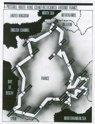 A possible route runs counterclockwise around France